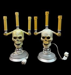 1994 Trendmasters Halloween Skeleton Skull Light Up Candelabra Pair