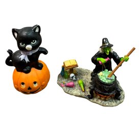Witch Stirring Cauldron & Black Cat On Pumpkin Halloween Figurines