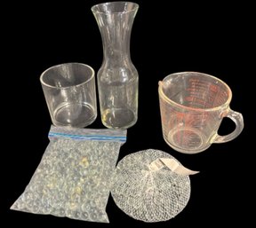 Vintage PYREX, Clear Glass Marbles, And Vases