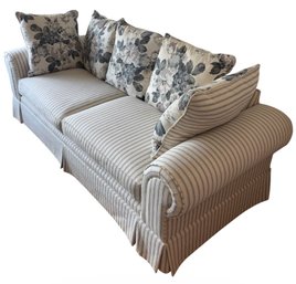 Striped Rolled Arm Couch W/ Floral Throw Pillows (LR)