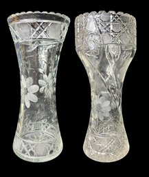 Pair Of Large Etched Glass Floral Vases