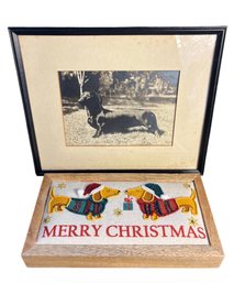 Framed Antique Dachshund Photograph And Embroidered Dachshund Christmas Plaque(LR)
