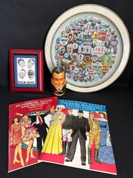 Political Metal Tray, Wood Nesting Dolls, 2 Books And A Framed Picture Of Presidents (Gbm1)