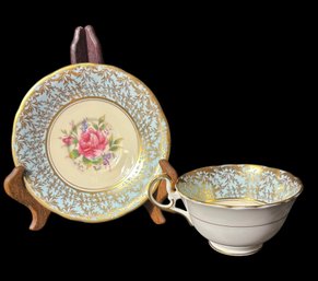 Aynsley Ornate Gilded Light Blue Tea Cup And Saucer