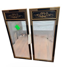 Drexel Heritage Chinoiserie Black Lacquered Hanging Wall Mirror Pair (BR2)
