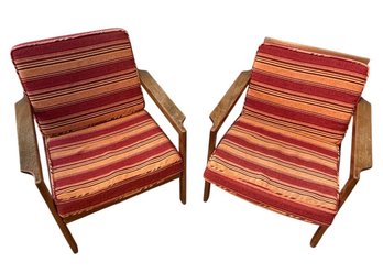 MCM Orange Stripped Cushion Oak Arm Chair Pair(LR)
