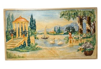 Painted Stone Tile Wall Art Swimming Swans In Harbor (BR2)