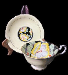 Paragon Yellow And Black Floral Tea Cup And Saucer