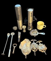 Collection Of Bar Tools & Accessories Electric And Manual Wine Openers, Strainer, Stirring Spoon And More 13pc