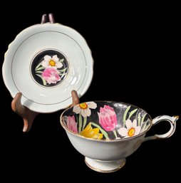 Paragon Black And Light Blue Floral Tea Cup And Saucer