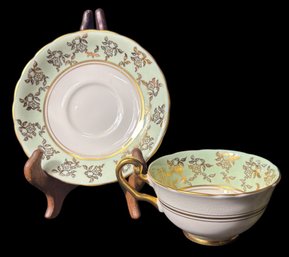 Victoria Light Green Ornate Gilded Tea Cup And Saucer