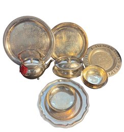Silver Plated Serving Trays, Tea Pot, And Serving Bowl 10pc (H1)