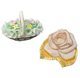 Irish Dresden Porcelain Lace Flower Basket & Rose Figurines