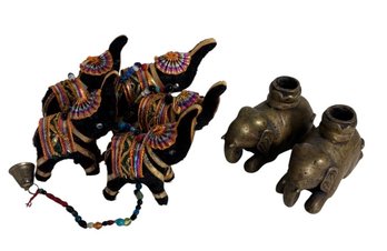 Brass Elephant Candlestick Holders & Indian Elephant Hanging Bell (BR1)
