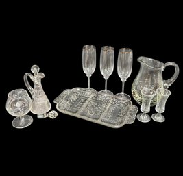 Silver Rimmed Champagne Flutes, Leaf Platter, Decanter & Assorted Glassware
