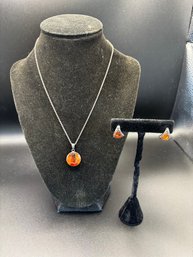Sterling Amber Pendant With Sterling Amber Earrings