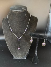 Purple Crystal Beaded Necklace With Purple Stone Sterling Earrings