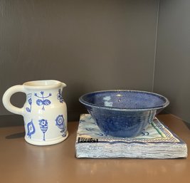 Blue & White A.V Venaique Modele Depose Pitcher, Ceramic Bowl & Paper Products Napkins (D)