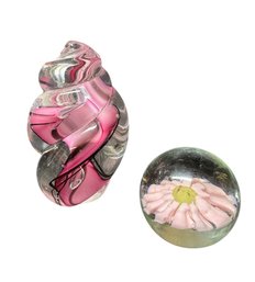 Pink Art Glass Paperweight Pair