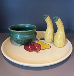 Patricia Garrett Zucchini Salt And Pepper Shakers, Green Bowl Hand-made And Signed A.G. & Large Platter (D)