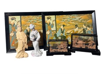 Chinese Cork Art, Japanese Trays & Figurines 6pc (BR2)