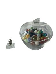 Russ Berrie Clown Head On Lucite Platform And A Glass Apple Jar Full Of Marbles (SL)