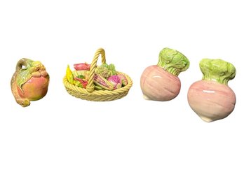 Small Basket Of Clay Fruit, Turnip Salt & Pepper Shakers & Apple Pottery Figurine