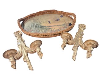 Neoclassical Chalkware Wall Hangings & Woven Basket (BR2)