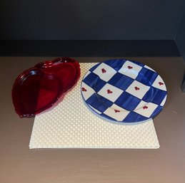 White Plastic Woven Placemats (6x), William Sonoma Blue White Plate, Red, Blue And White Heart