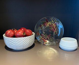 Faux Pomegranates (12x), White Bowl, Hand Painted Glass Plate & Bloomingdales Main Course White Bowl (D)