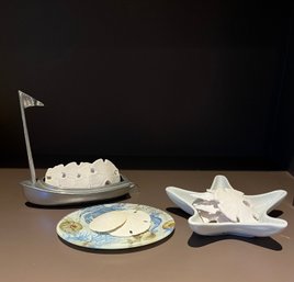 Mariposa Silver-Tone Mini Boat, Michel Design Work Seashore Dish, Sadek Starfish Dish & Sand Dollars (D)
