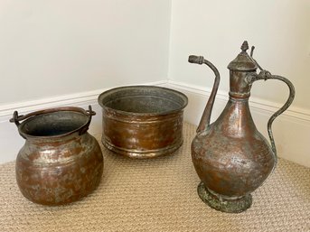 Copper Pitcher, 2 Planters