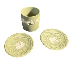 Green Wedgewood Jasperware Small Plates And Toothpick Holder