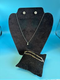 Necklace With Rhinestone Pendant, 925 Studs W / CZ  And Link Bracelet-all Sterling Silver
