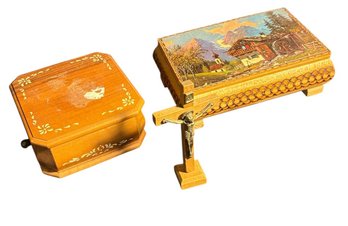 Wooden Music Boxes And Small Jesus Statue