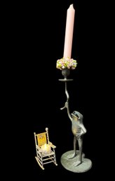Frog On Lily Pad Candlestick Holder & Small Rocking Chair Decor