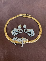 Rhinestone Panther Necklace And 2 Pairs Of Earrings