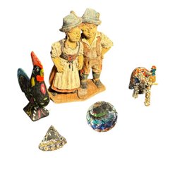 German Couple Figurine, Beaded Elephant, Wooden Rooster And Assorted Figurines