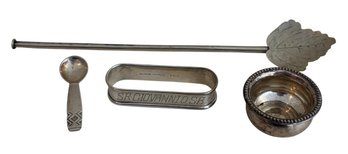 Sterling Silver Tableware Inscribed Napkin Ring, Decorative Spoon, And More 4pc (BLR)