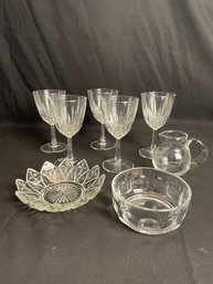 5 Apritif Glasses, Creamer, 2 Cut Glass Bowls