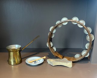 Turkish Brass Coffee Pot, Tambourine, Fossil & Dish With Sugar Spoon (d)