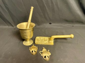 Brass Mortar & Pestle, Iron, Hooks