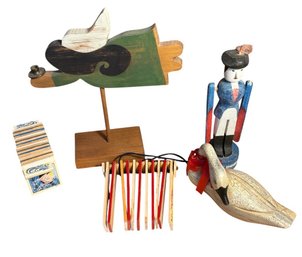 Carved Wooden Bird, Soldier, Candle Holder Figurine And Assorted Wooden Decor 5pc (BLR)