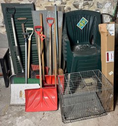 Six Green Outdoor Stackable Chairs, Shovels, Animal Cage Etc (B)