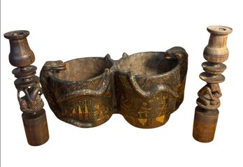 African Carved Wooden Candle Stick Holder Pair And Double Bowl (BLR)