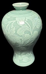 Asian Ceramic Floral Indigo Colored Vase
