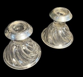 Silver Rimmed Swirled Glass Candle Holders Pair