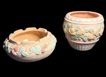 Pink Ceramic Floral Flower Pot With Flower Pot Holder