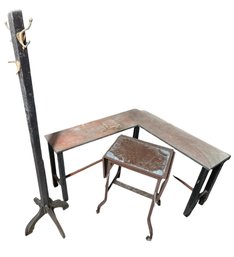 Wooden Coat Rack, Corner Table & Rolling Cart (B)