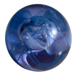 Signed Moon Crystal Blue Swirl Paper Weight (K)